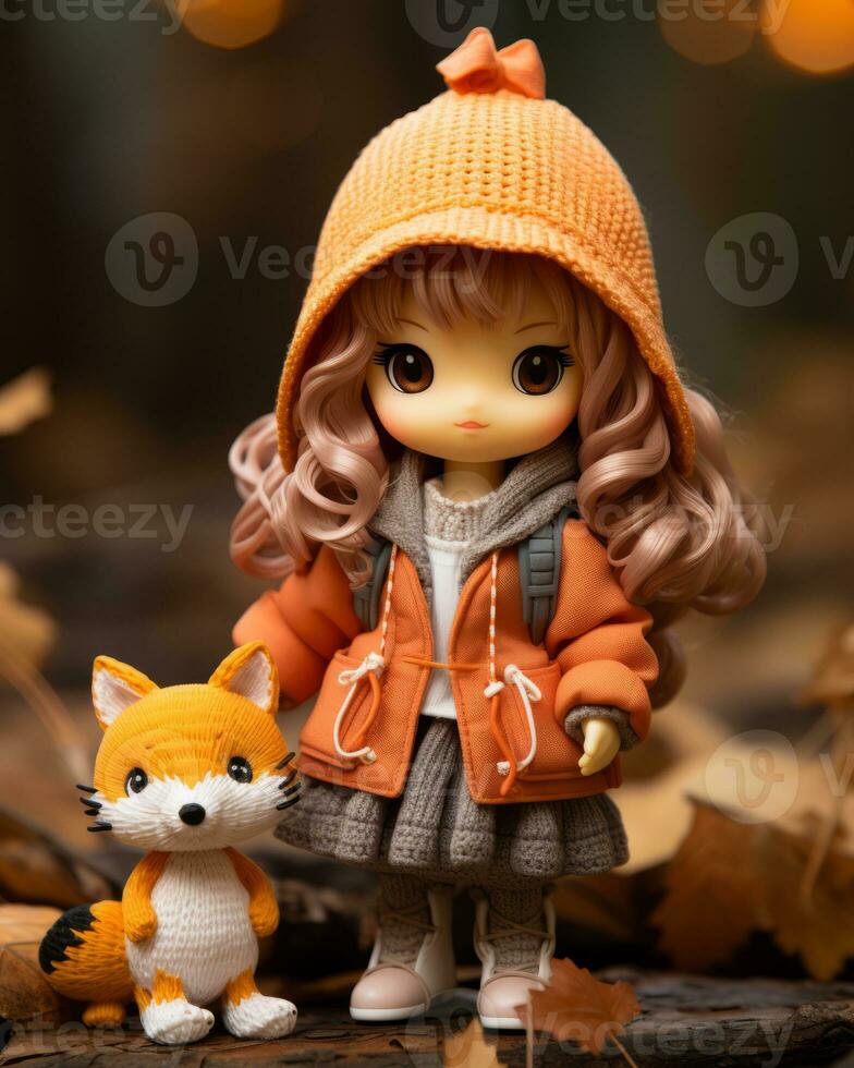 a doll wearing an orange coat and holding a fox generative ai photo