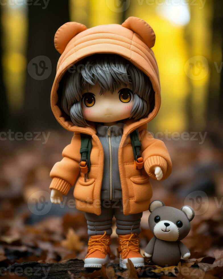 a doll wearing an orange coat and holding a teddy bear generative ai photo