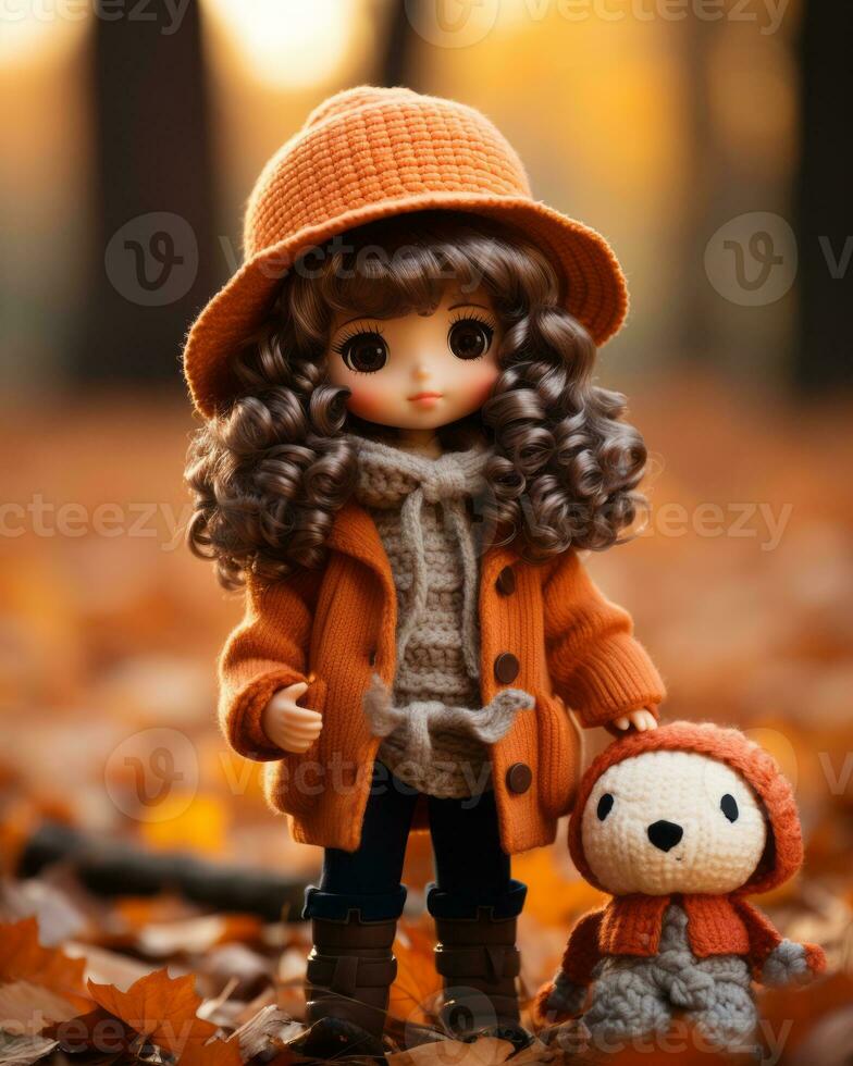 a doll wearing an orange coat and holding a teddy bear generative ai photo
