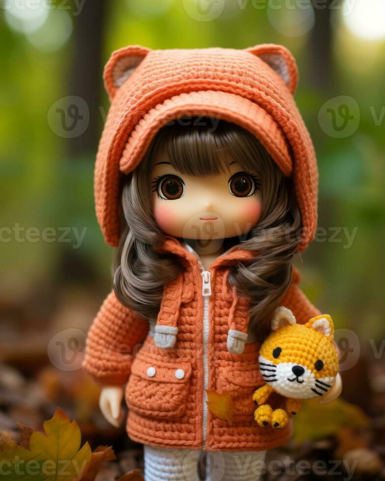 a doll wearing an orange coat and holding a stuffed animal generative ai photo