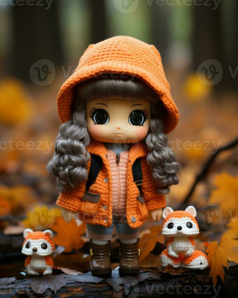 a doll wearing an orange coat and holding two small stuffed animals generative ai photo