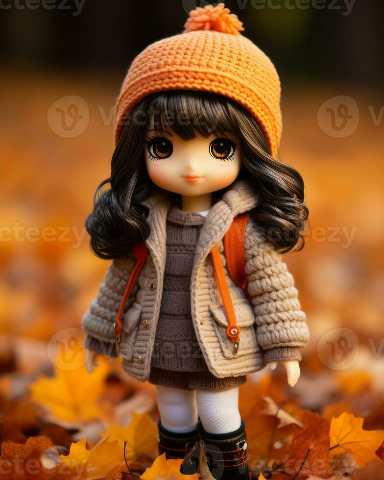 a doll wearing an orange hat and brown coat stands in a field of fallen leaves generative ai photo