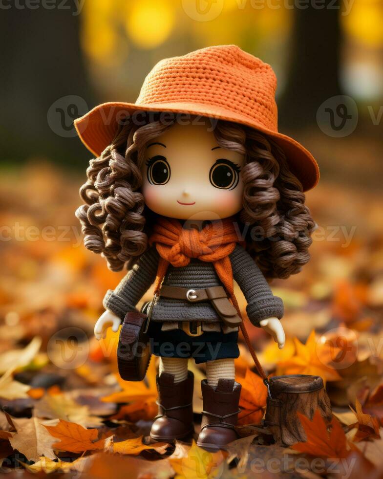 a doll wearing an orange hat and brown coat standing in the leaves generative ai photo