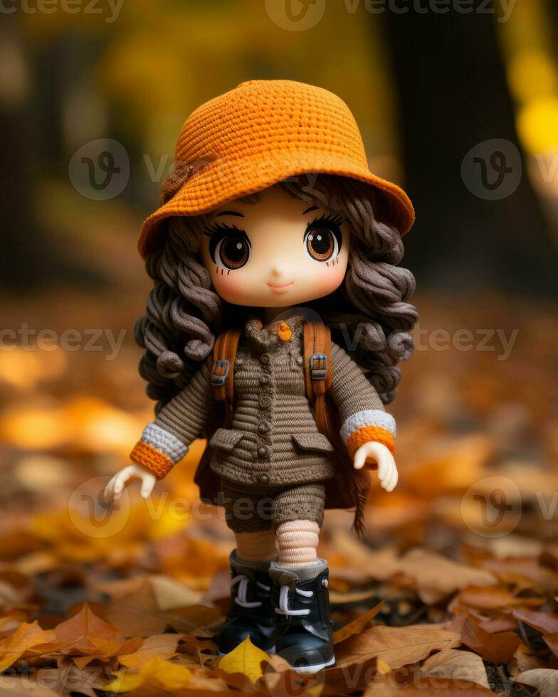 a doll wearing an orange hat and brown coat stands in the leaves generative ai photo