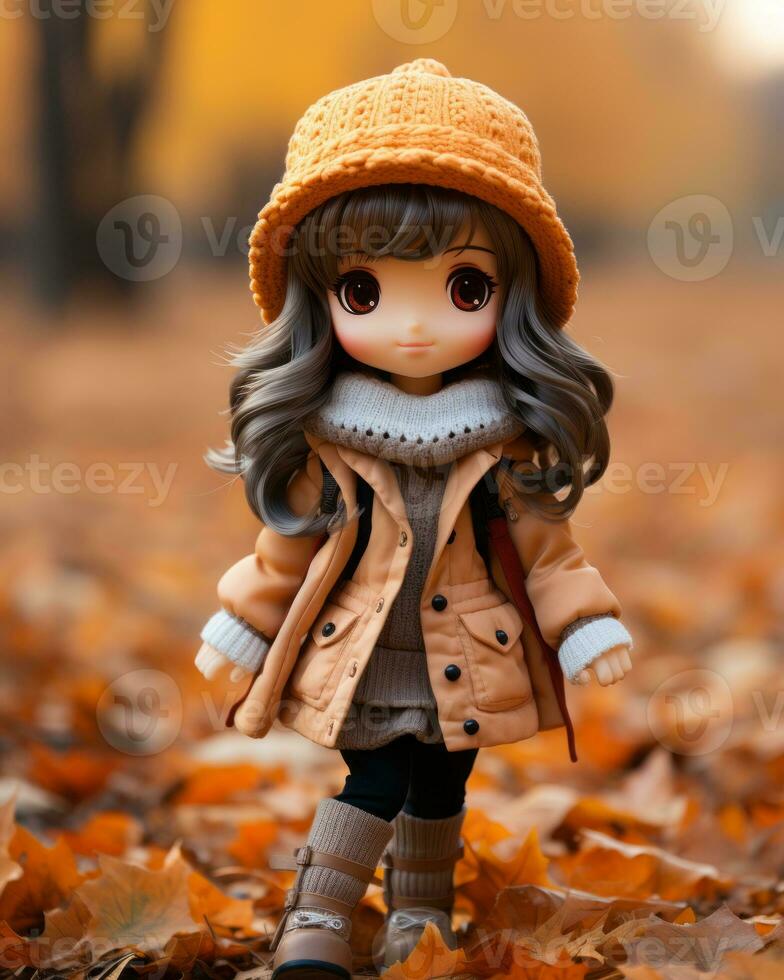 a doll wearing an orange hat and coat stands in the leaves generative ai photo