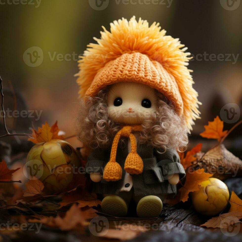 a doll wearing an orange hat sits on the ground surrounded by autumn leaves generative ai photo