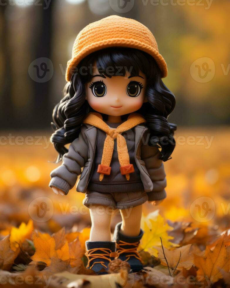 a doll wearing an orange hat and jacket standing in the leaves generative ai photo