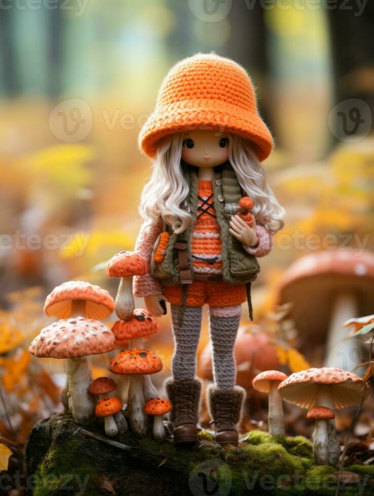 a doll wearing an orange hat stands in front of a group of mushrooms generative ai photo