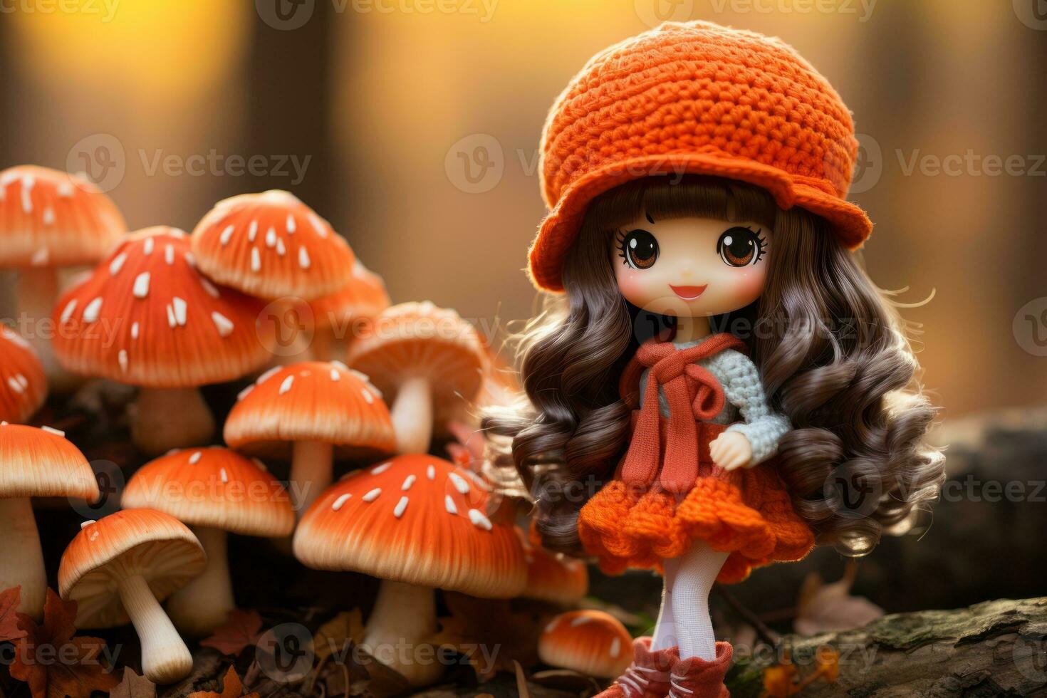 a doll wearing an orange hat stands in front of a group of mushrooms generative ai photo
