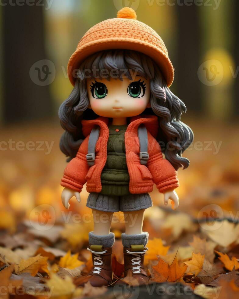 a doll wearing an orange jacket and boots standing in the leaves generative ai photo