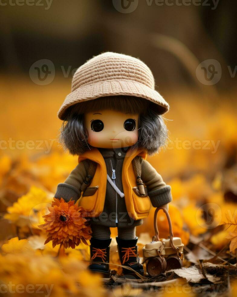 a doll wearing an orange jacket and hat stands in the middle of a field of autumn leaves generative ai photo