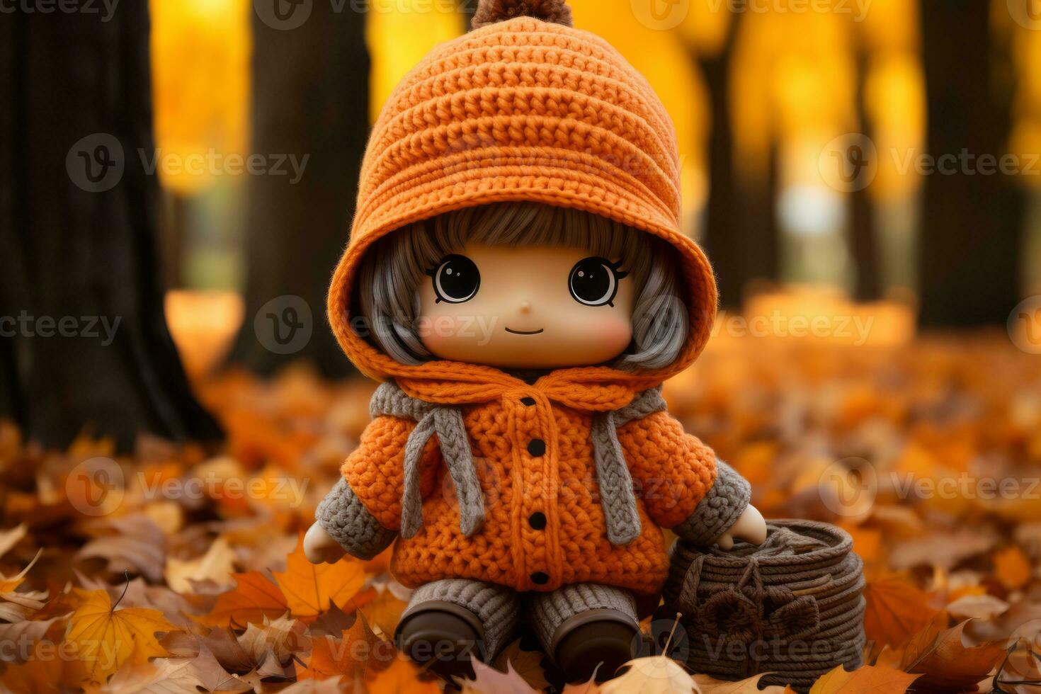 a doll wearing an orange sweater and hat sits in the leaves generative ai photo