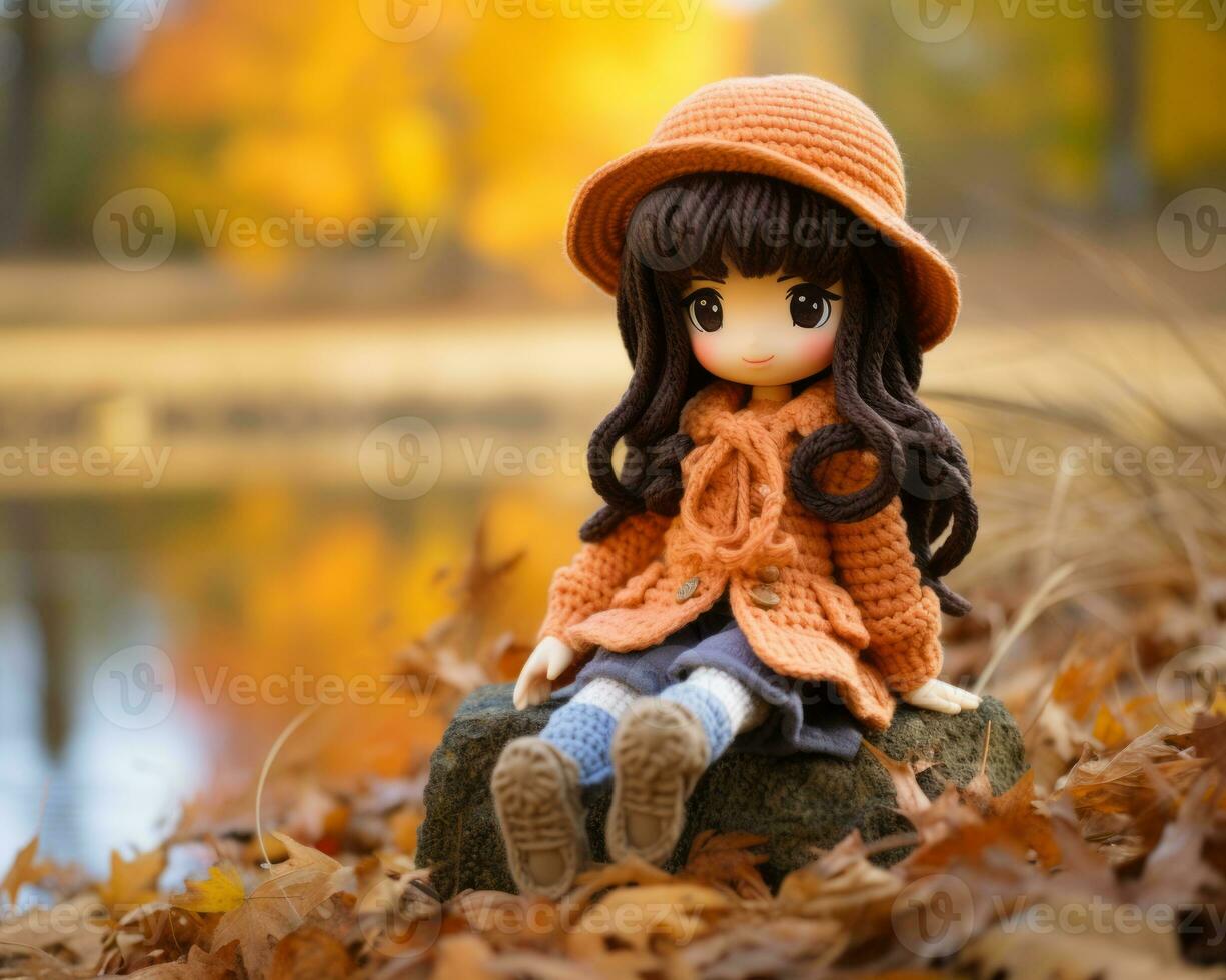 a doll wearing an orange sweater and hat sitting on a rock by a lake generative ai photo