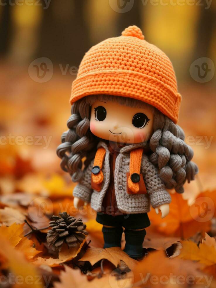 a doll wearing an orange sweater and hat standing in the leaves generative ai photo