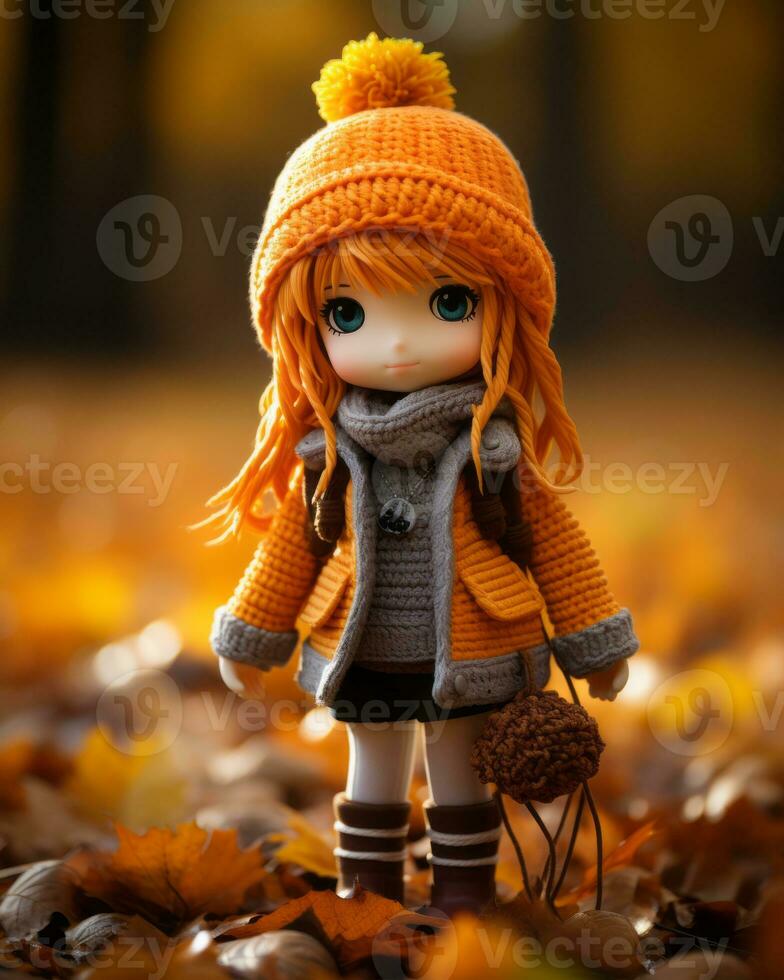 a doll wearing an orange sweater and hat stands in a field of fallen leaves generative ai photo
