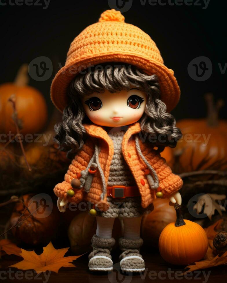 a doll wearing an orange sweater and hat stands in front of pumpkins generative ai photo