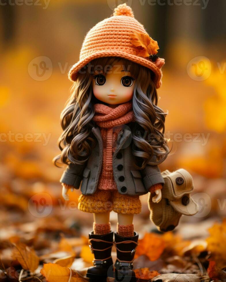 a doll wearing an orange sweater and hat stands in the autumn leaves generative ai photo