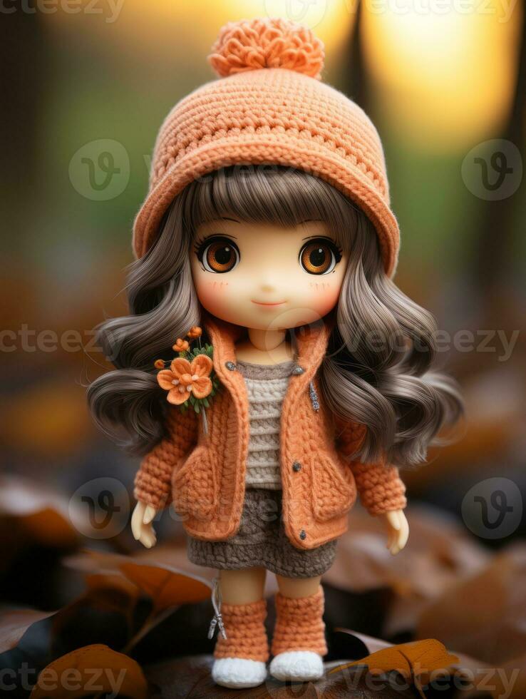 a doll wearing an orange sweater and hat generative ai photo