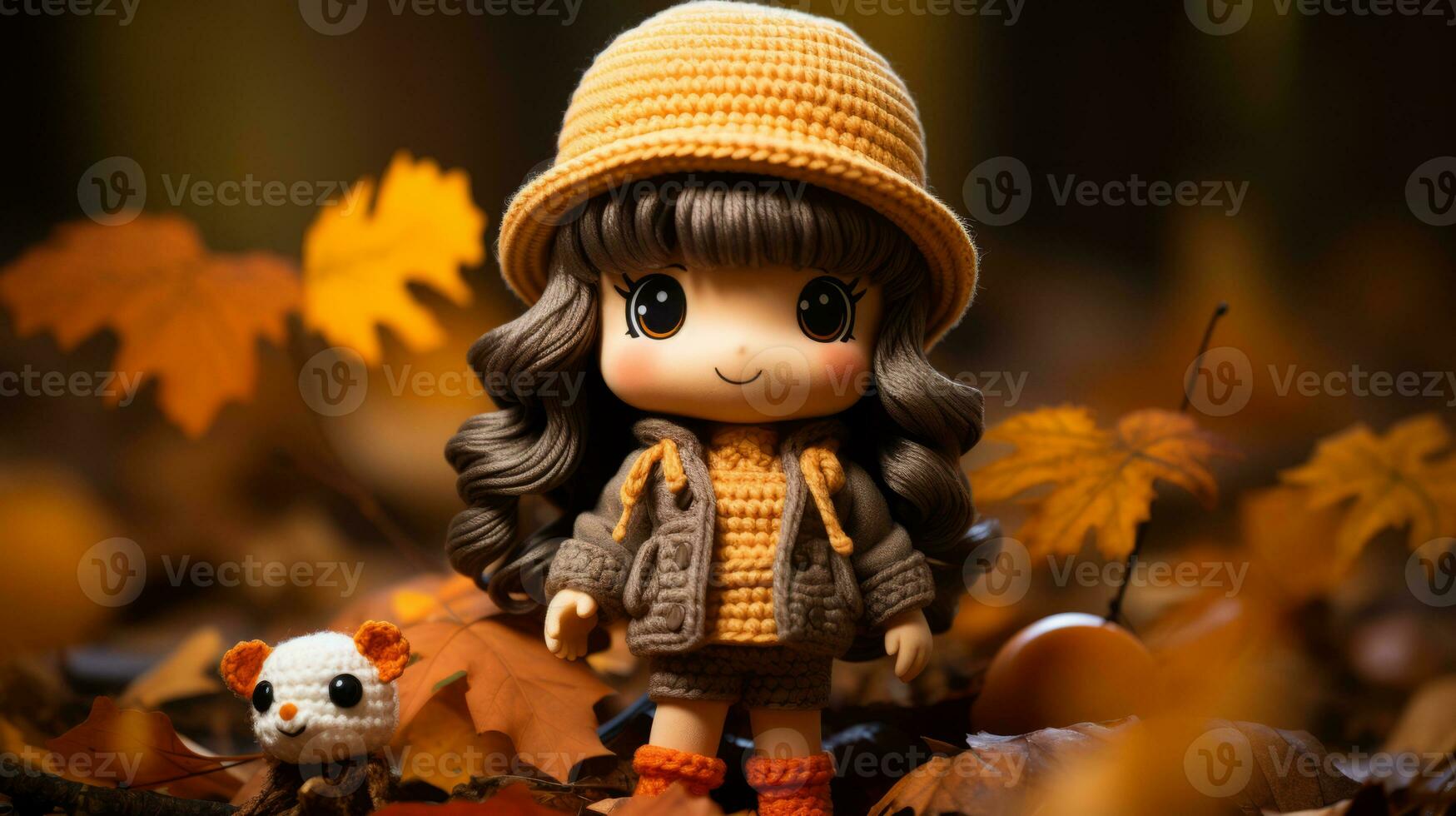 a doll with brown hair and a hat is standing in the autumn leaves generative ai photo