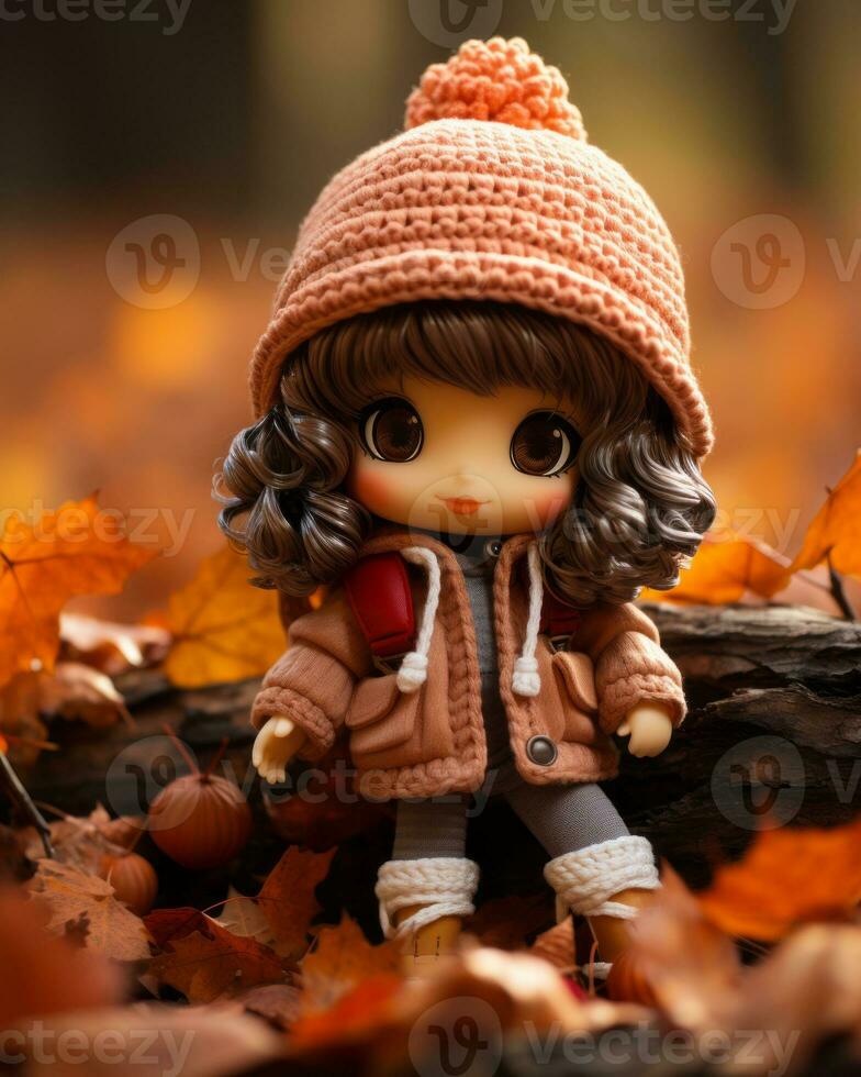 a doll with brown hair sitting on top of fallen leaves generative ai photo