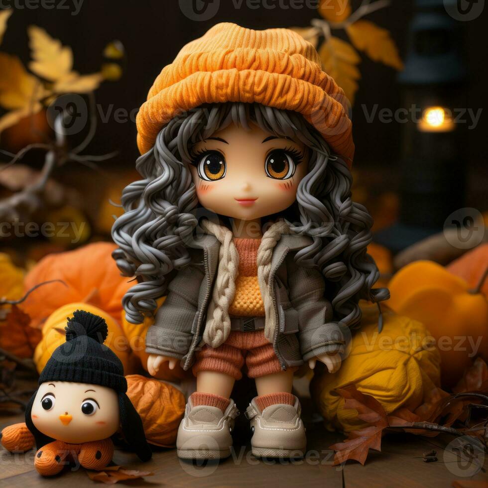 a doll with long curly hair and a hat sits in front of pumpkins generative ai photo