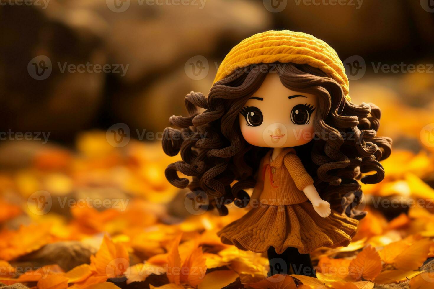 a doll with long curly hair standing in a field of autumn leaves generative ai photo