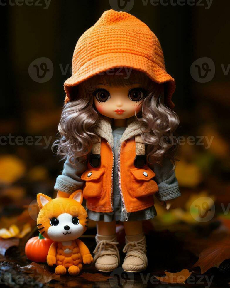 a doll with long hair and a hat standing next to a stuffed animal generative ai photo