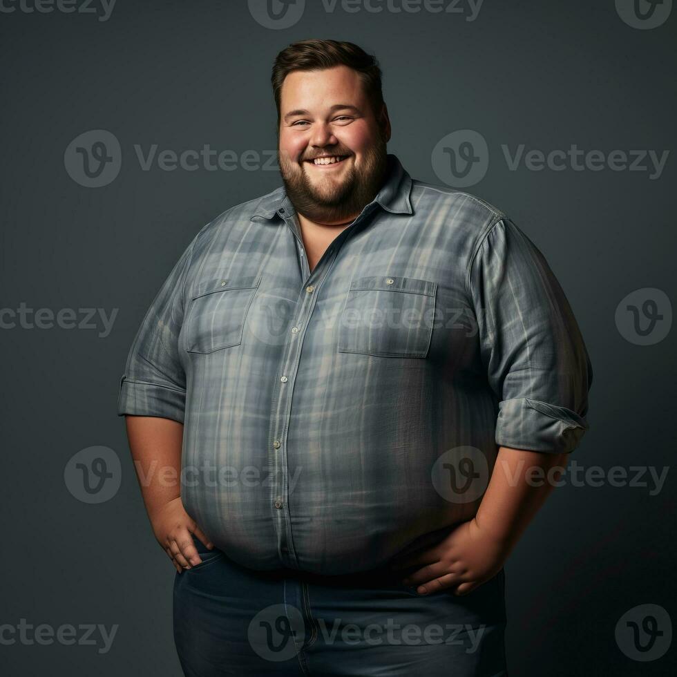 a fat man in a plaid shirt posing for the camera generative ai photo