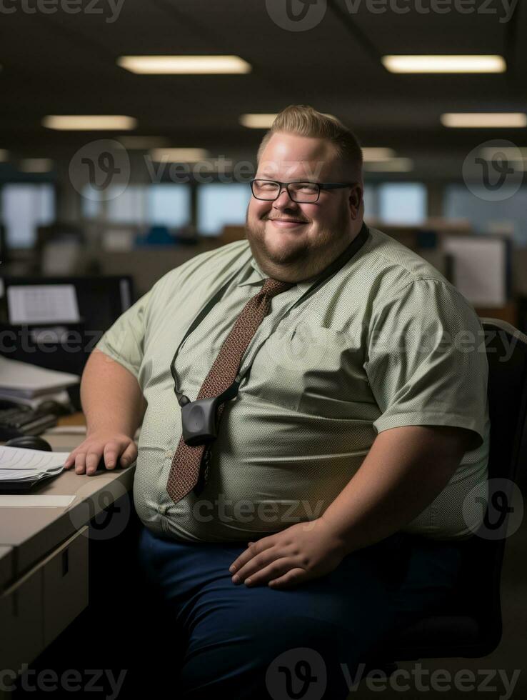 a fat man sitting at a desk in an office generative ai photo