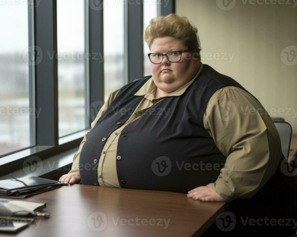 a fat man sitting at a desk generative ai photo