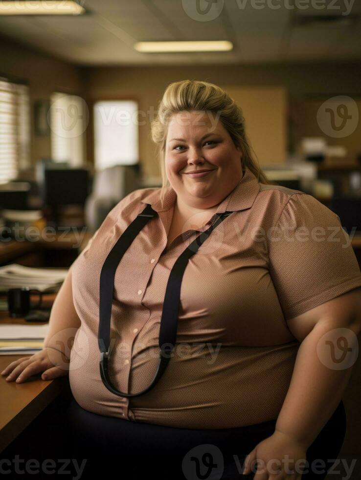 a fat woman sitting at a desk in an office generative ai photo