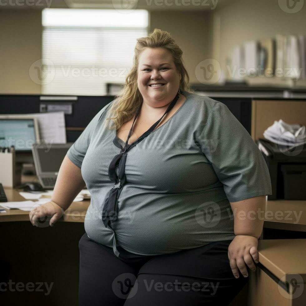 un grasa mujer sentado a un escritorio en un oficina generativo ai foto
