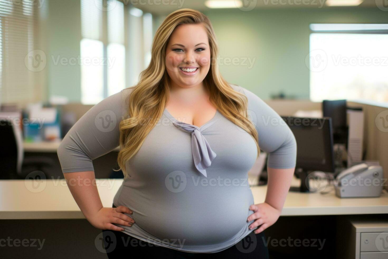 a fat woman standing in front of an office desk generative ai photo