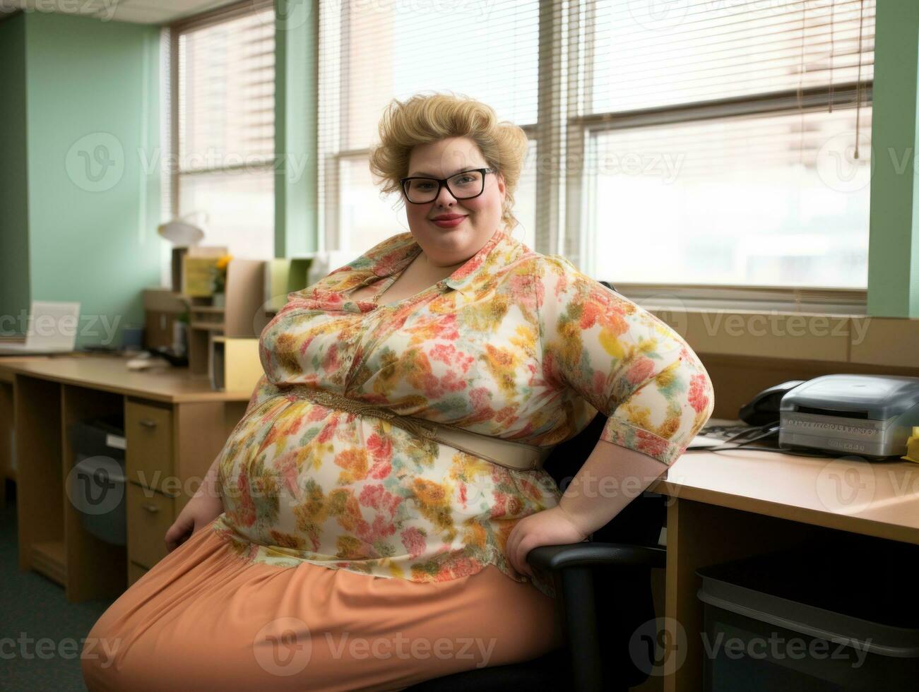 a fat woman sitting on a chair in an office generative ai photo