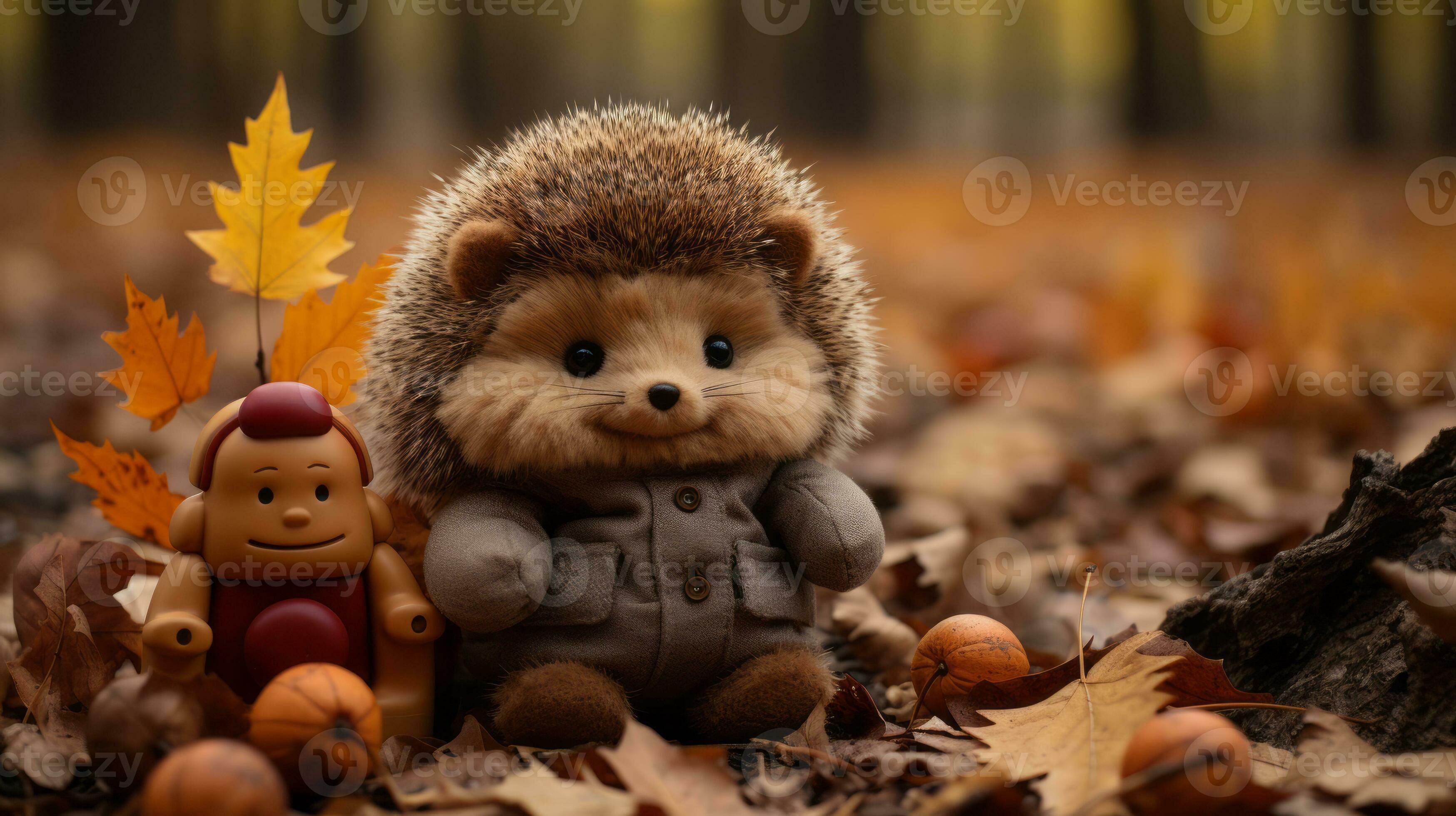 a hedgehog and a teddy bear are sitting in the leaves generative ai 32090427 Stock Photo at Vecteezy