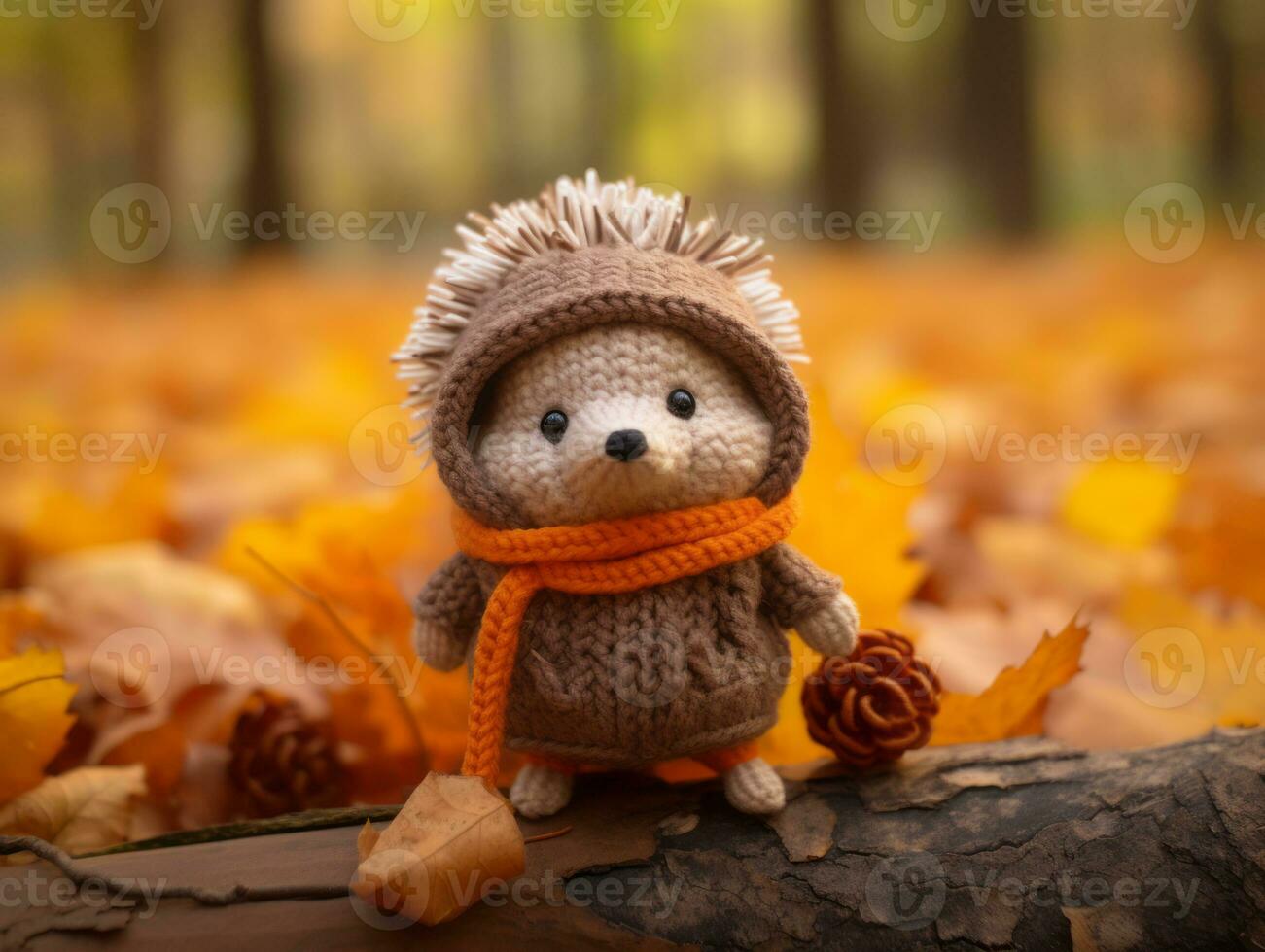 a hedgehog in a knitted sweater is sitting on a log in the autumn leaves generative ai photo