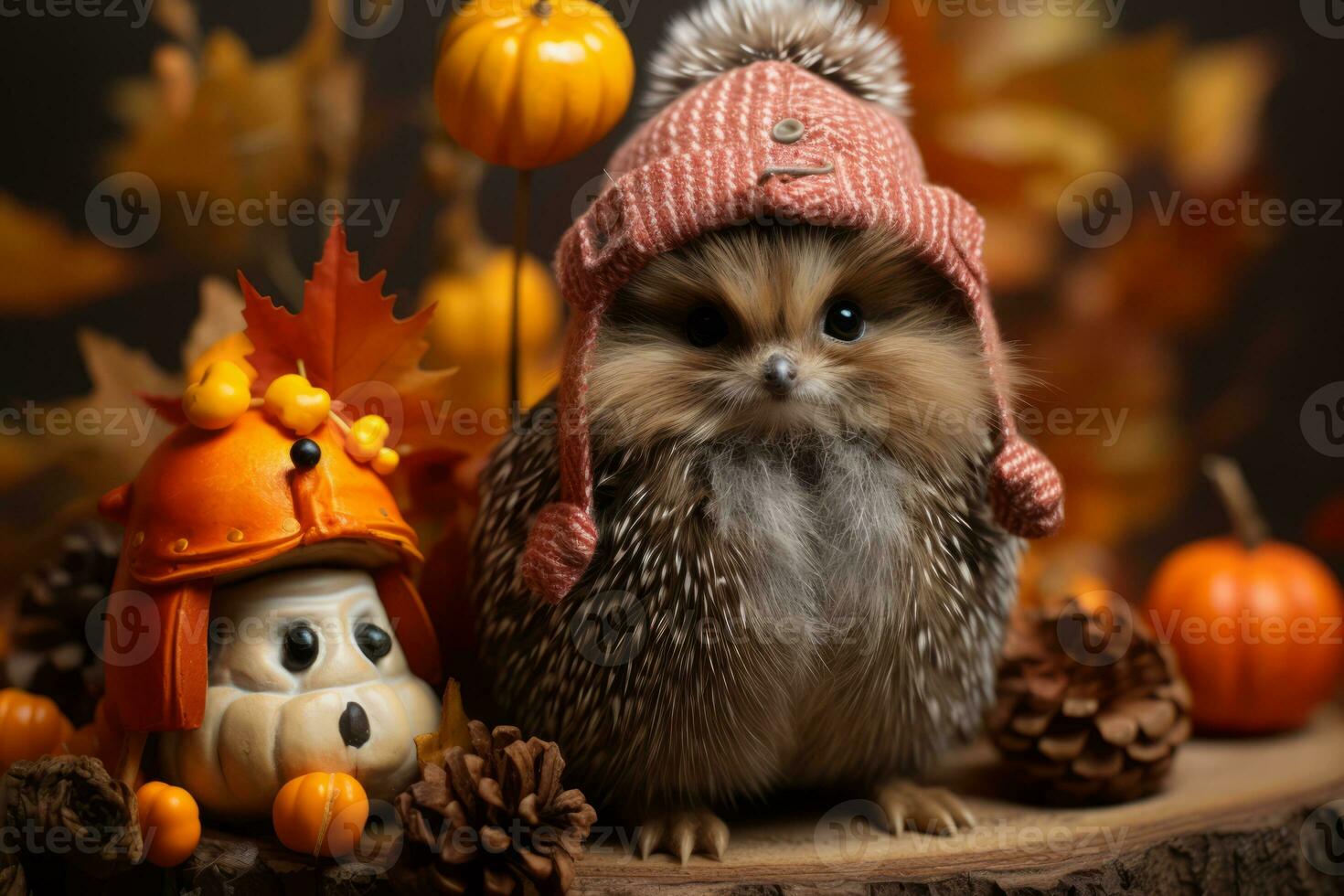 a hedgehog wearing a hat and holding a pumpkin generative ai photo