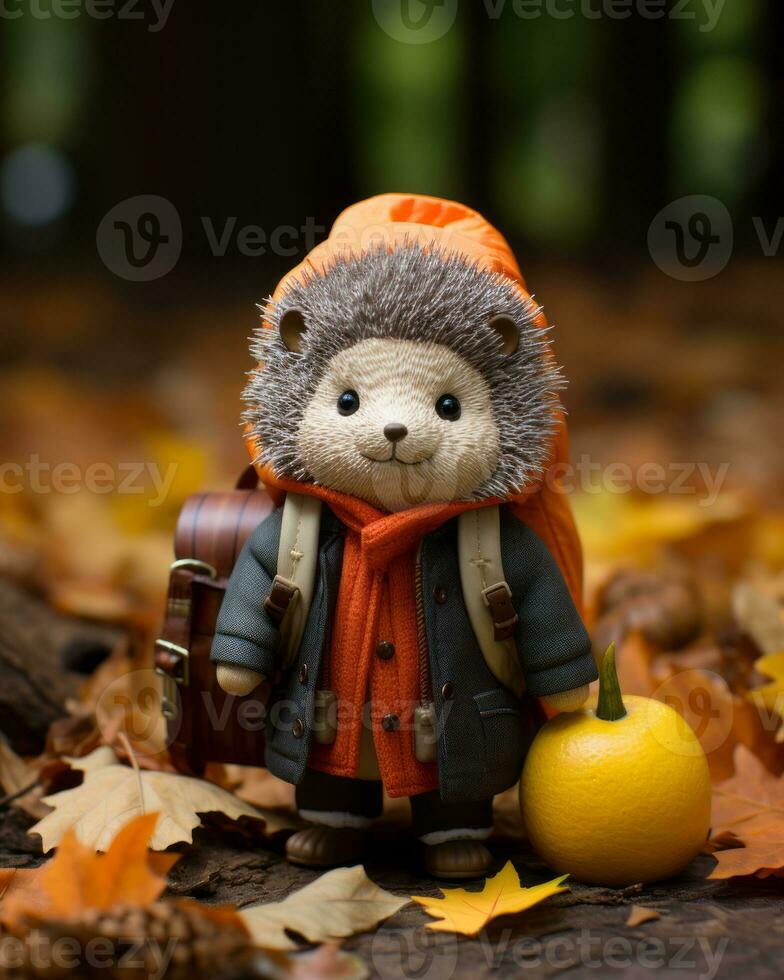 a hedgehog wearing an orange coat and hat sits on the ground next to an orange pumpkin generative ai photo