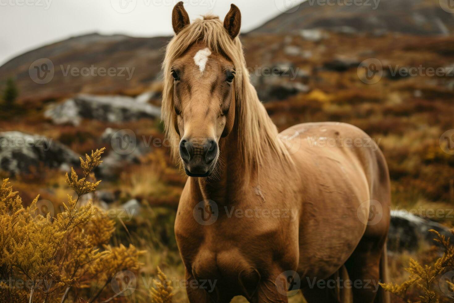 a horse standing in a field with a mountain in the background generative ai photo
