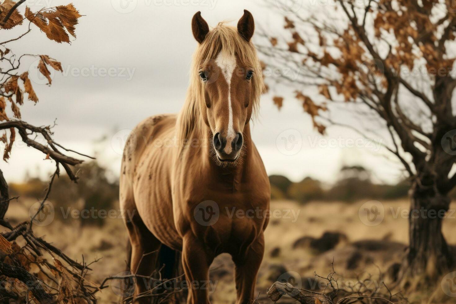 a horse is standing in the middle of a field generative ai photo