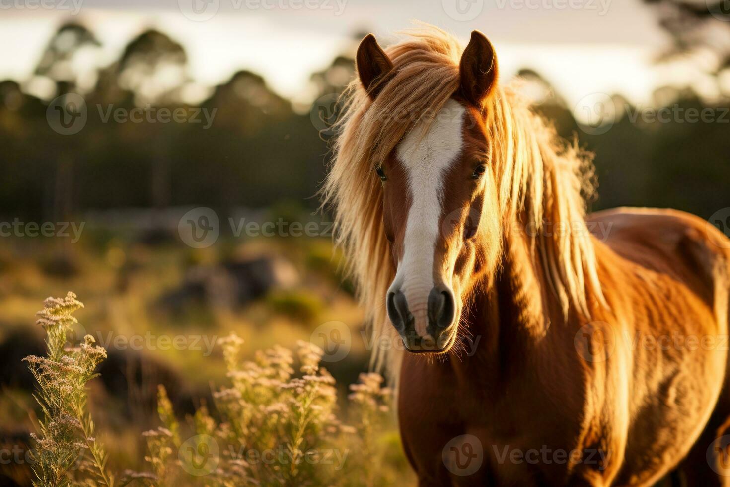a horse with long hair standing in a field generative ai photo