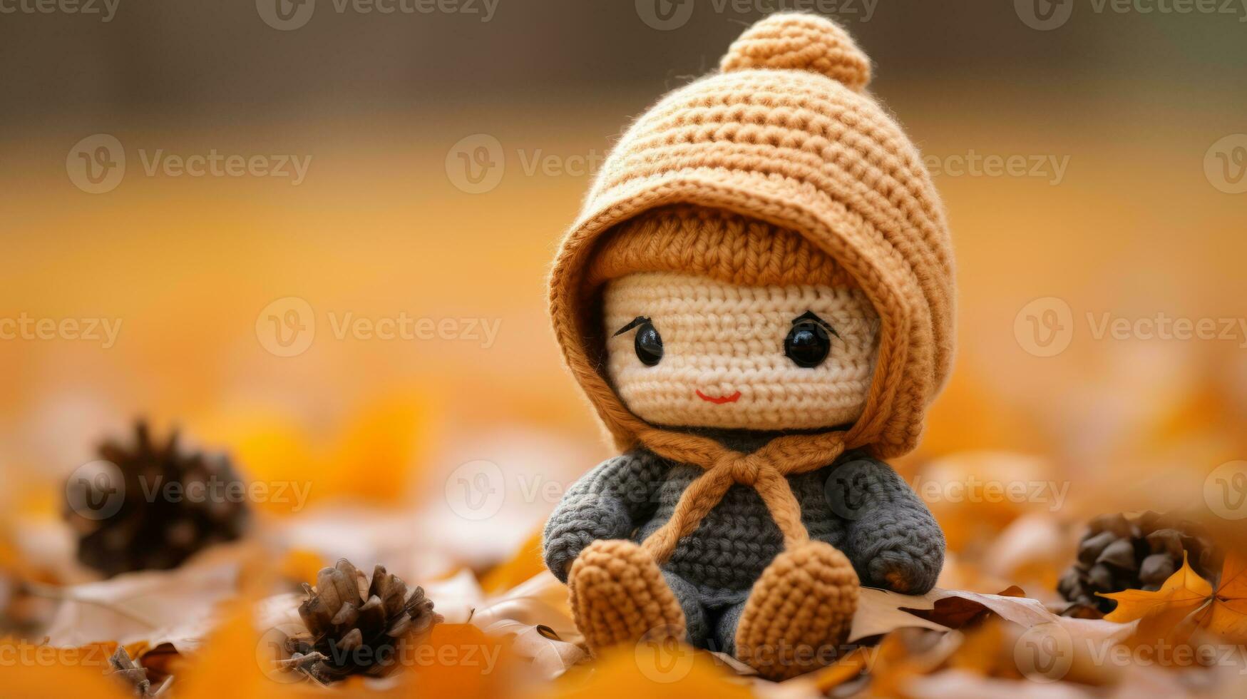 a knitted doll sitting on the ground surrounded by autumn leaves generative ai photo