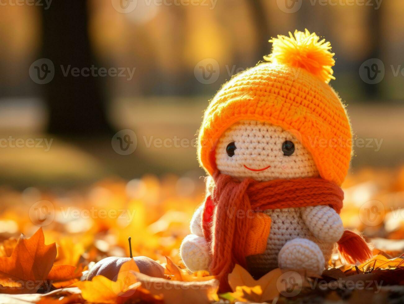 a knitted doll wearing an orange hat sits on the ground surrounded by autumn leaves generative ai photo