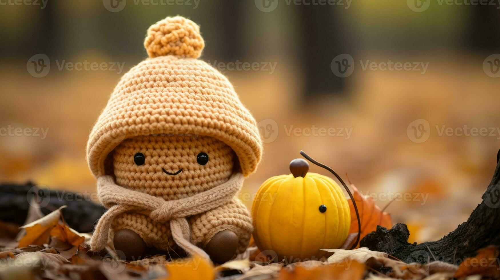 a knitted doll with a pumpkin sitting on the ground generative ai photo