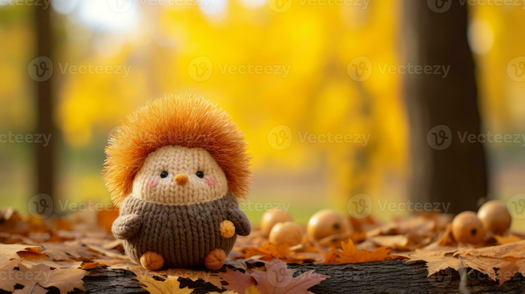 a knitted owl sits on a log surrounded by autumn leaves generative ai photo