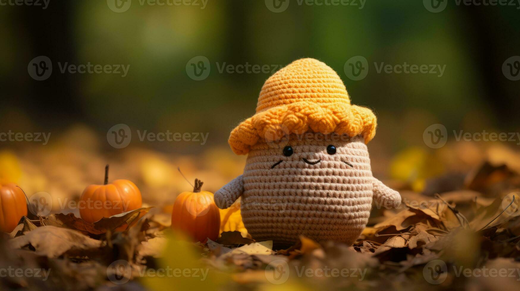 a knitted pumpkin with a hat sits in the leaves generative ai photo