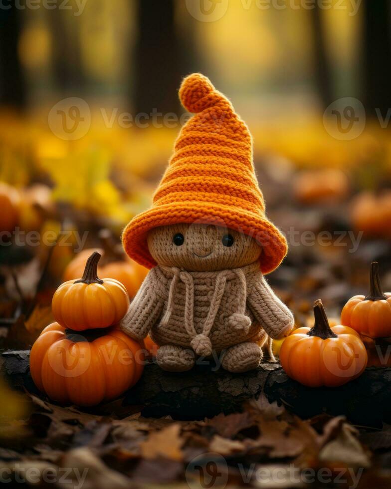 a knitted scarecrow sits on the ground surrounded by pumpkins generative ai photo