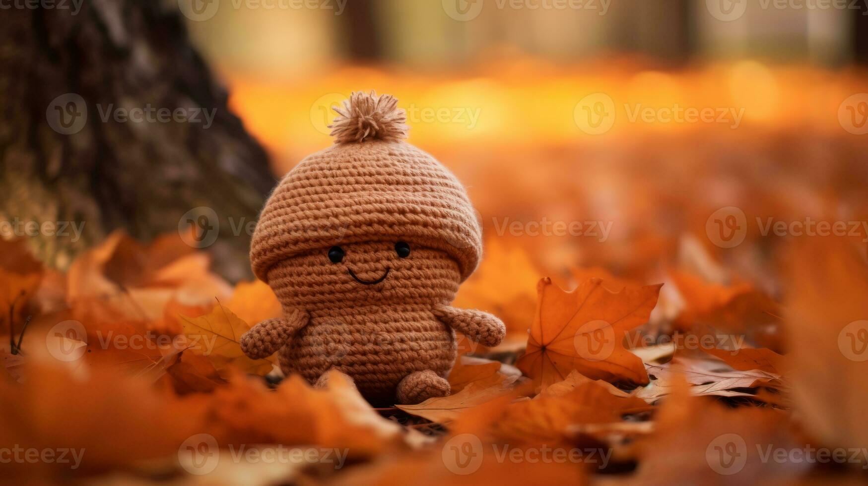 a knitted toy is sitting in the leaves generative ai photo
