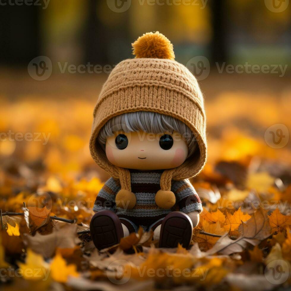 a little boy wearing a hat sits on the ground surrounded by fallen leaves generative ai photo