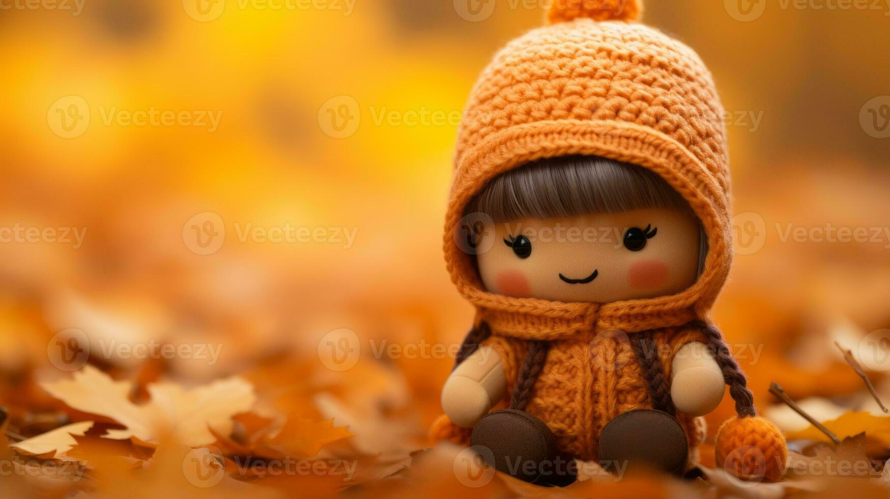 a little girl in an orange sweater sitting on the ground surrounded by autumn leaves generative ai photo